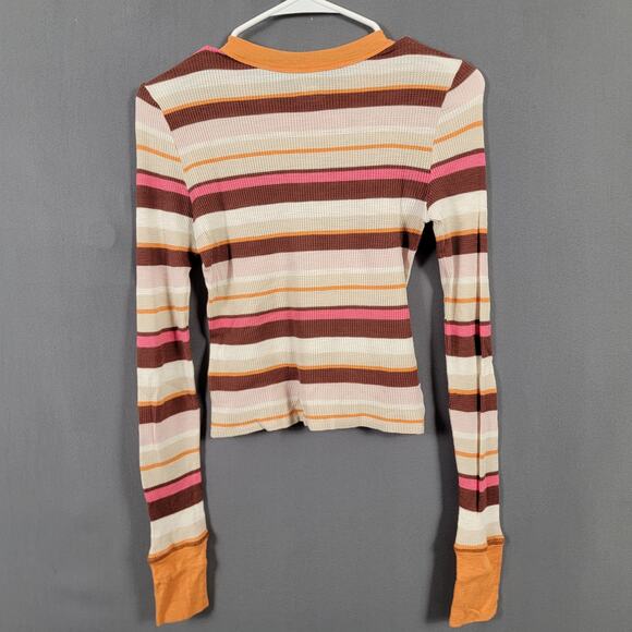 Aerie Waffle Knit Thermal Top Multicolor Stripe Long Sleeve Retro Fit - Picture 2 of 7